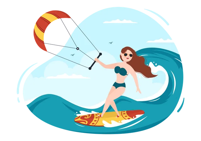 Summer Kitesurfing Of Water Sport Activities Cartoon Illustration With Riding A Big Kite On A Board In Flat Style Illustration