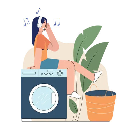 Girl doing laundry while listening music  Illustration