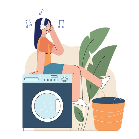 Girl doing laundry while listening music  일러스트레이션