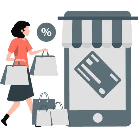 Girl doing lot of shopping with credit card  Illustration