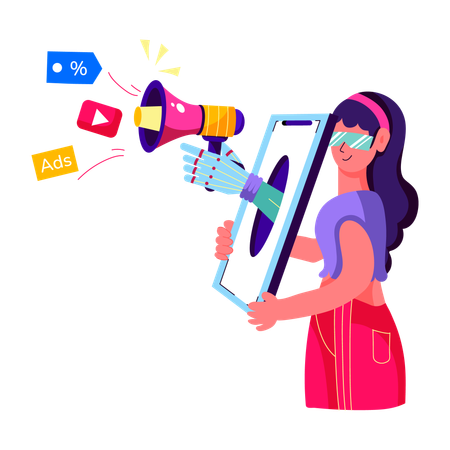 Girl doing marketing in VR world  Illustration