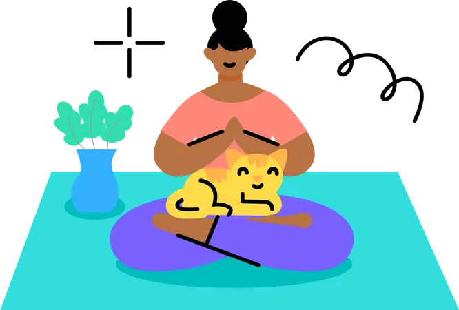 Girl doing meditation with kitten on her lap Illustration