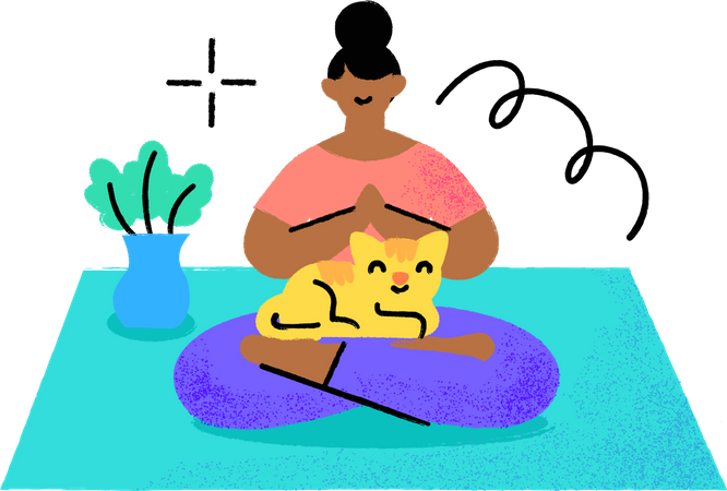 Girl doing meditation with kitten on her lap Illustration