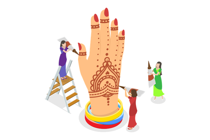 Girl doing mehidi design on hand  Illustration