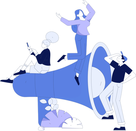 Girl doing mobile marketing while boy looking at megaphone  Illustration