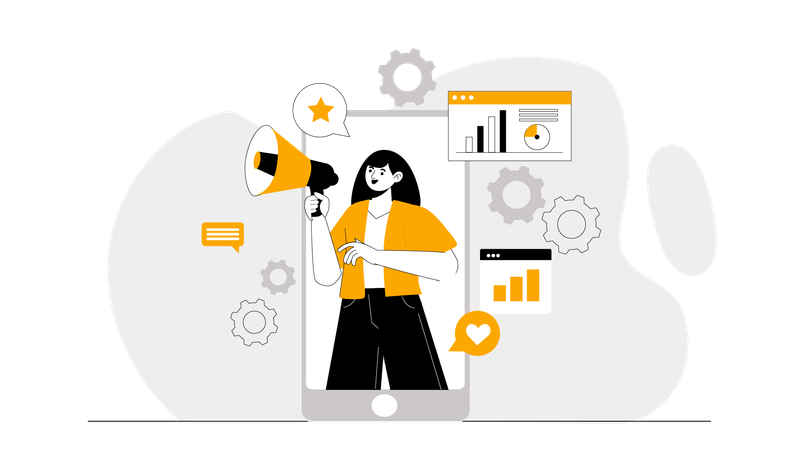 Girl doing mobile marketing while looking marketing analysis  Illustration