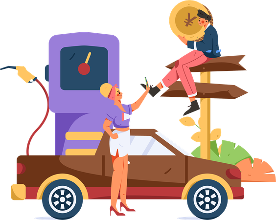 Girl doing mobile payment at fuel station  Illustration