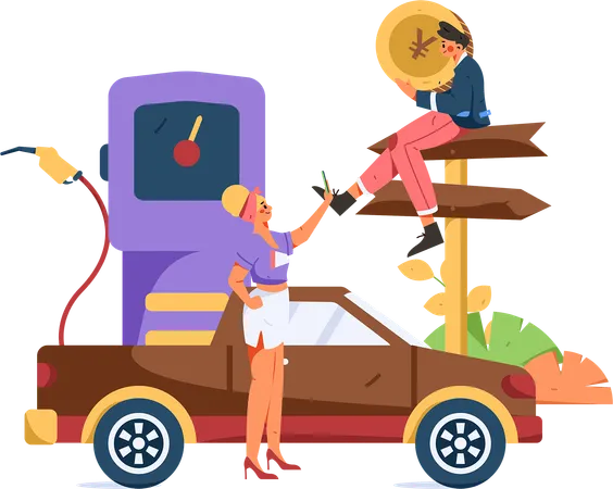 Girl doing mobile payment at fuel station  Illustration