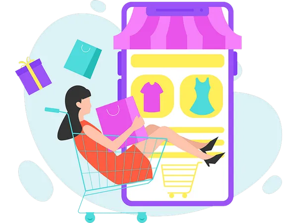 Girl Doing Mobile Shopping  Illustration