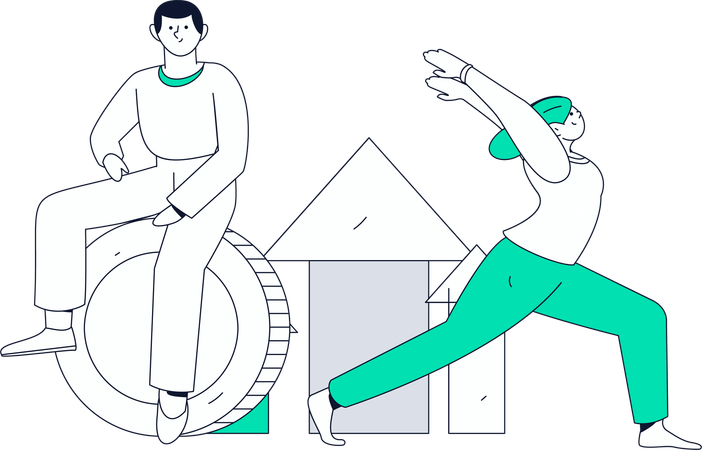 Girl doing morning exercise while man looking financial profit  Illustration