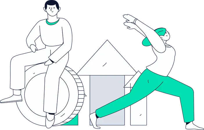 Girl doing morning exercise while man looking financial profit  Illustration