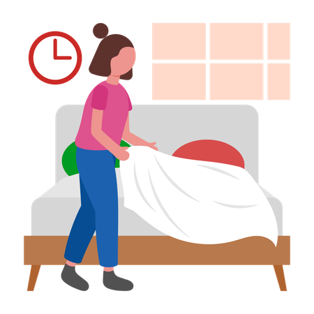 Girl doing Neat Morning Bed Making  Illustration
