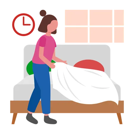 Girl doing Neat Morning Bed Making  Illustration