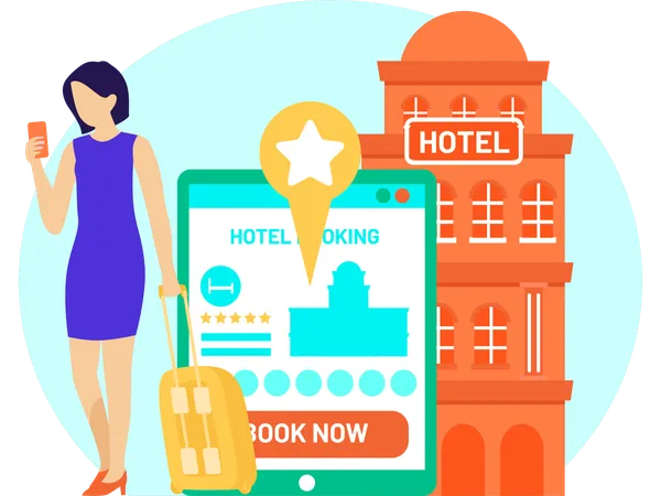 Girl doing online Booking Hotel  Illustration