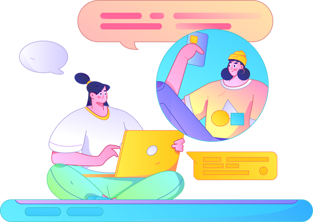 Girl doing online chatting on laptop  Illustration