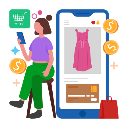 Girl doing Online Clothes Shopping  Illustration
