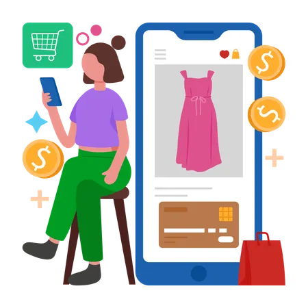 Girl doing Online Clothes Shopping  Illustration