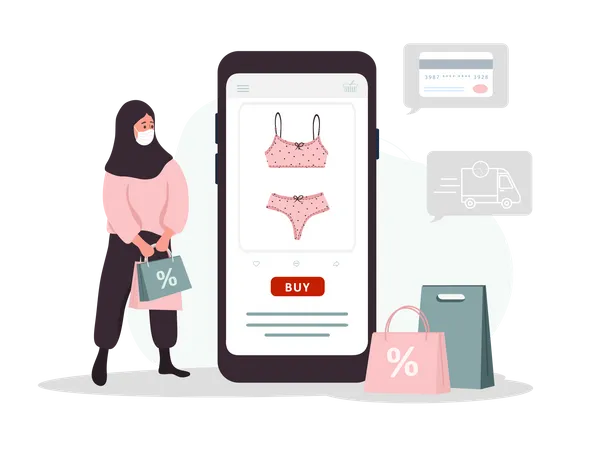Online Shopping On Website Or Mobile App Islamic Woman Buys Modern Underwear At Online Lingerie Store The Product Catalog On The Web Browser Page Vector Illustration In Flat Cartoon Style Illustration