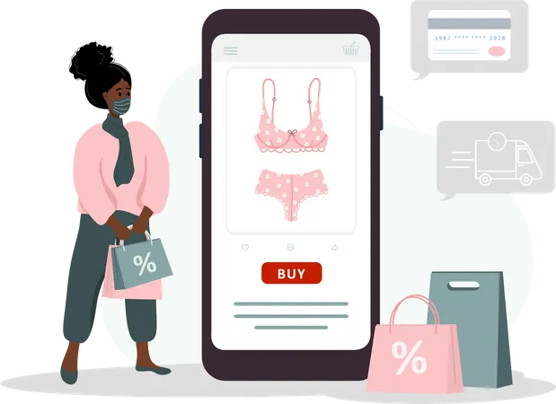Online Shopping On Website Or Mobile App African Woman Buys Modern Underwear At Online Lingerie Store The Product Catalog On The Web Browser Page Vector Illustration In Flat Cartoon Style Illustration