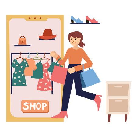 Girl doing online clothes shopping  イラスト