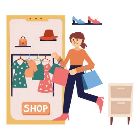 Girl doing online clothes shopping  イラスト