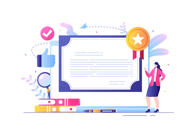 Girl doing online course certification  イラスト