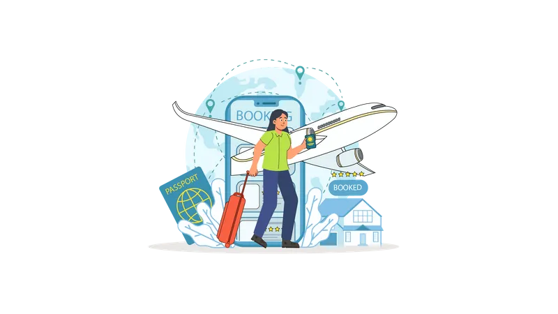 Girl doing online flight booking  Illustration