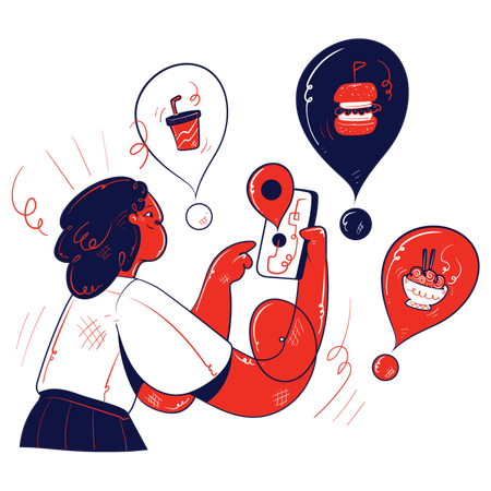 Girl doing online food order using mobile  Illustration