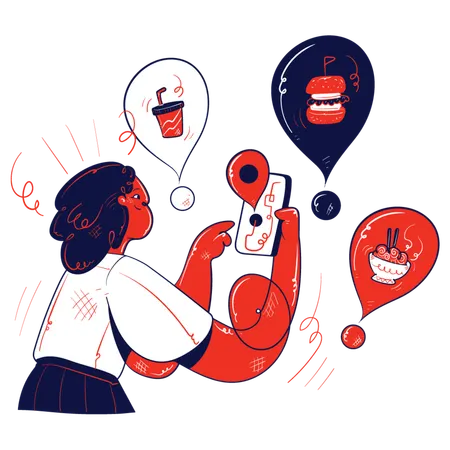 Girl doing online food order using mobile  Illustration