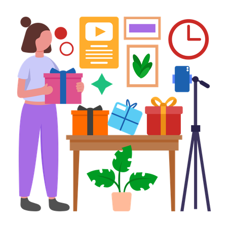 Girl doing online Gift Unboxing  Illustration