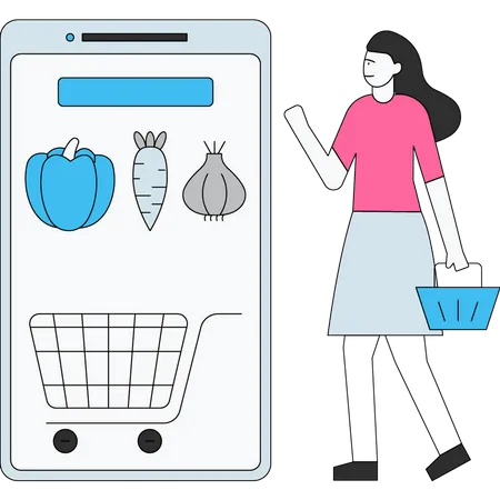 Girl doing online grocery shopping  Illustration