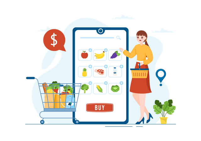 Girl doing online Grocery shopping  Illustration