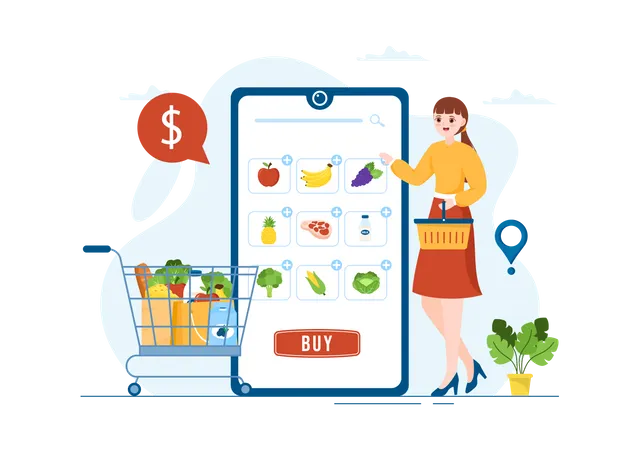 Girl doing online Grocery shopping  Illustration