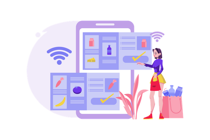 Girl doing online grocery shopping  Illustration