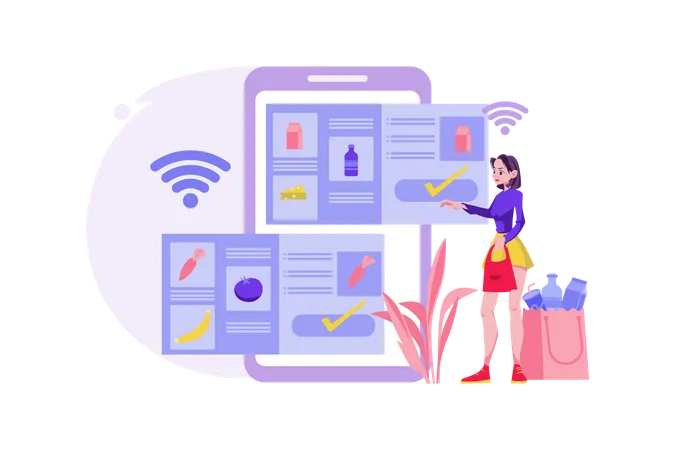 Girl doing online grocery shopping  Illustration