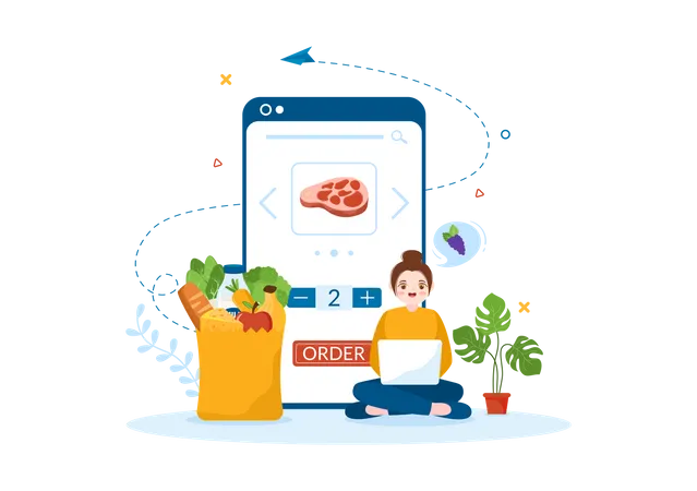 Girl doing Online Grocery shopping  Illustration