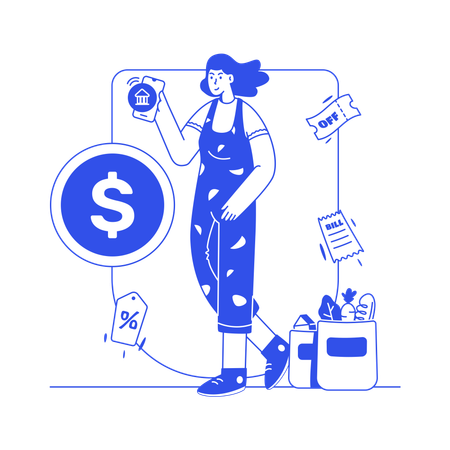 Girl doing online grocery shopping payment  イラスト