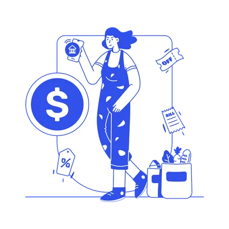 Girl doing online grocery shopping payment  イラスト