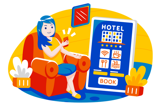 Girl doing online hotel booking Illustration