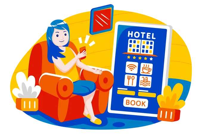 Girl doing online hotel booking Illustration