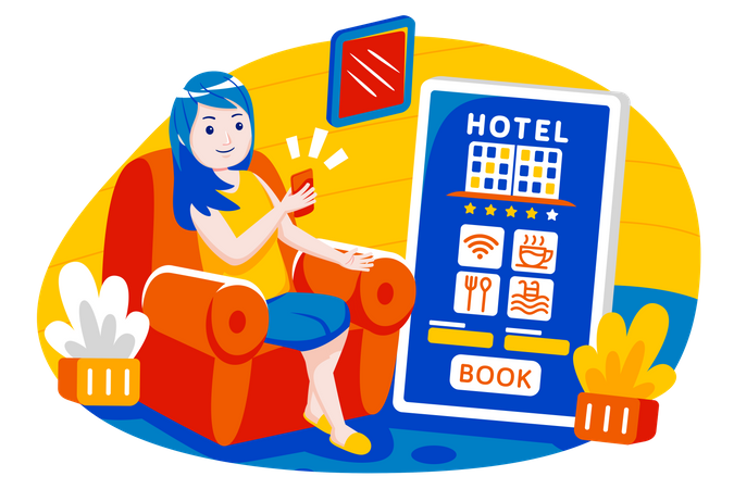 Girl doing online hotel booking  Illustration