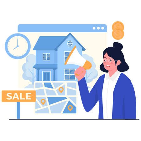 Girl doing online House Promotion  Illustration