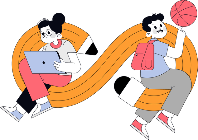 Girl doing online learning while boy playing basketball  Illustration