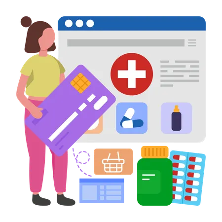 Girl doing Online Medicine Shopping  Illustration