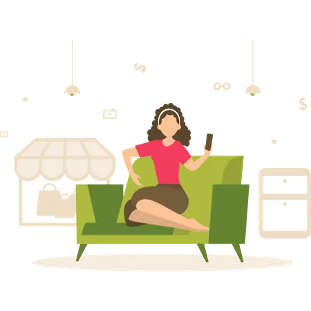 A Girl Sitting On Couch Doing Online Shopping Illustration