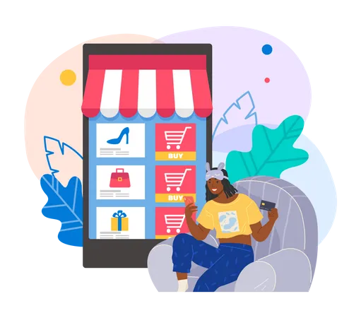 Buying Goods On Social Media E Commerce Internet Shopping Shopping Website Landing Page Template Woman Chooses Goods In Online Store App Purchase Order And Cashless Payment In Internet Shop Illustration