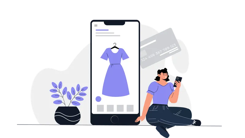 Girl doing online shopping from shopping app while doing car payment  Illustration