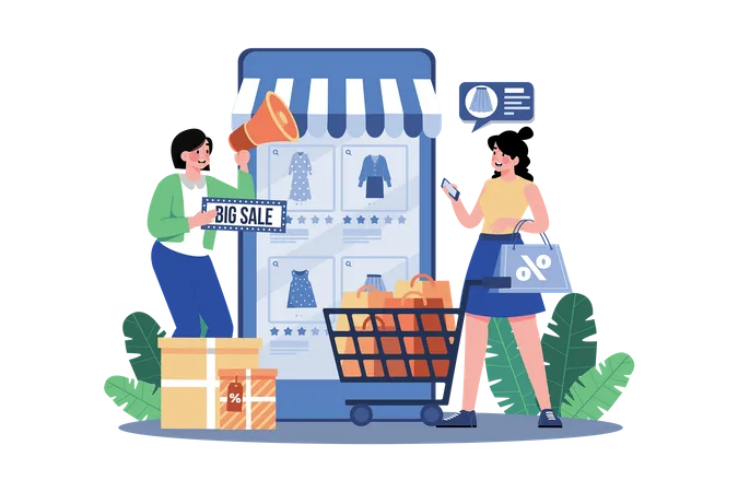 Girl doing online shopping on big sale  Illustration