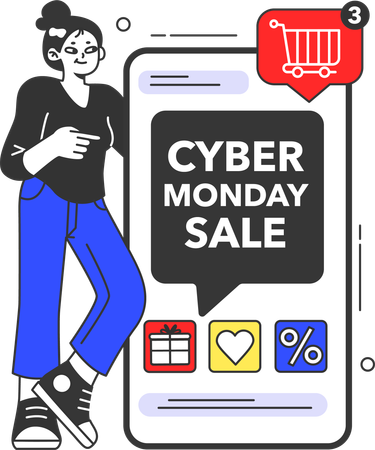 Girl doing online shopping on cyber monday sale  イラスト