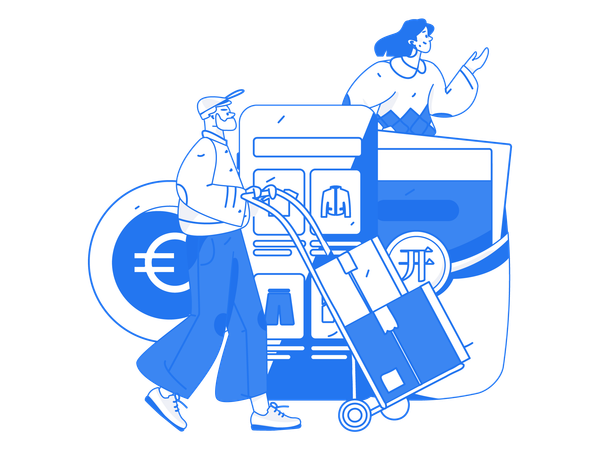 Girl doing online shopping using mobile while man holding logistic cart  Illustration